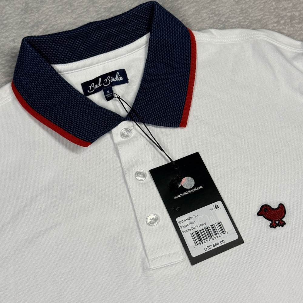 Bad Birdie Pique Polo Mens M White Dark Navy BBMP030-721 Short Sleeve Golf Shirt